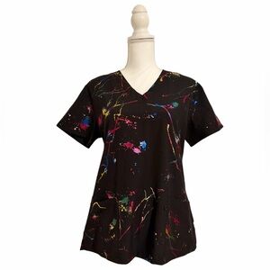 Zinnia Black Metallic Multicolor Paint-Splash Nursing Medical Scrub Women’s Med